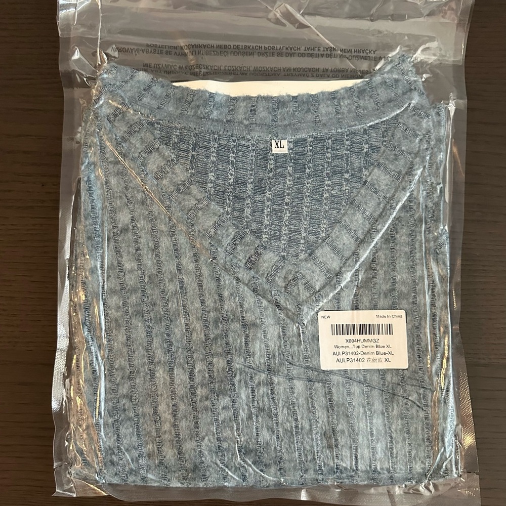 Ribbed V-Neck Long Sleeve Top Blue Size XL Casual Pullover - Picture 5 of 6